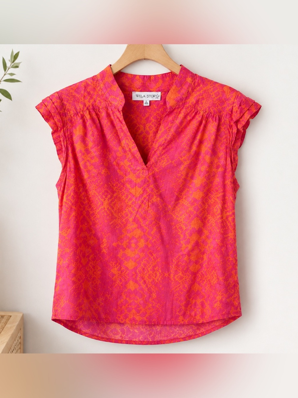 Willa Story Annie Top L Pink Orange Ikat Ruffle Sleeveless Blouse Made USA, L